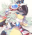  bird claws crop_top feather_hair feathers flat_chest fur_collar gem goggles goggles_on_head hat ibuki_(xenoblade) long_hair looking_at_viewer monster_girl simple_background sisuko1016 smile solo talons xenoblade_(series) xenoblade_2 