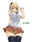  2018 arm_behind_back bangs bare_shoulders black_legwear blonde_hair breasts brown_eyes collarbone cowboy_shot dated dress earrings eyebrows_visible_through_hair fairy_tail from_below grin hair_between_eyes hair_ornament jewelry large_breasts long_hair looking_at_viewer lucy_heartfilia mashima_hiro miniskirt official_art orange_skirt print_skirt shirt side_ponytail simple_background sketch skirt sleeveless sleeveless_dress smile solo standing swept_bangs thighhighs white_background white_shirt zettai_ryouiki 