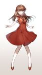  bangs brown_eyes brown_hair chiicoo dress eyebrows_visible_through_hair floating_hair full_body gradient gradient_background hair_between_eyes highres long_hair looking_at_viewer original outstretched_arms parted_lips pumps red_dress red_footwear sleeveless sleeveless_dress solo standing 