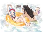  1girl ;d armpits arms_up barefoot bikini black_hair blue_hair breasts brown_eyes cleavage crossed_legs fairy_tail full_body gajeel_redfox goggles goggles_on_head grin holding innertube levy_mcgarden long_hair lying navel on_back one_eye_closed open_mouth outdoors pantherlily red_bikini rusky sideboob small_breasts smile striped striped_bikini swimsuit water wet 