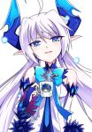  1girl ahoge alice360 bangs bare_shoulders blue_eyes blue_neckwear bow bowtie bridal_gauntlets ciel_(elsword) cup detached_sleeves elsword eyebrows_visible_through_hair eyes_visible_through_hair hair_between_eyes highres holding holding_cup horns long_hair long_sleeves looking_at_viewer luciela_r._sourcream mug noblesse_(elsword) open_mouth pointy_ears simple_background smile twintails upper_body white_background 
