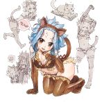  1girl animal_ears arm_up blue_hair book bra breasts brown_bra brown_eyes brown_gloves brown_hairband brown_legwear brown_panties cat cat_ears cat_tail choker cleavage elbow_gloves fairy_tail fake_animal_ears gajeel_redfox gloves groin hairband headband kneeling levy_mcgarden long_hair looking_at_viewer medium_breasts navel open_book open_mouth panties paw_pose red_ribbon ribbon ribbon-trimmed_bra rusky simple_background sketch sweatdrop tail thighhighs underwear underwear_only white_background 