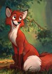  2018 black_nose canine cute dipstick_tail disney feral fluffy fluffy_tail forest fox fox_and_the_hound fur grass happy kenket leaves male mammal multicolored_tail red_fur smile solo tod_(fath) tree url white_fur 