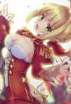  aestus_estus ahoge ass bangs blonde_hair blush bow braid breasts butt_crack buttons cleavage dress epaulettes eyebrows_visible_through_hair fate/extra fate/grand_order fate_(series) french_braid gomano_rio green_eyes hair_bow hair_bun hair_intakes highres holding holding_sword holding_weapon juliet_sleeves long_sleeves looking_at_viewer looking_back medium_breasts nero_claudius_(fate) nero_claudius_(fate)_(all) open_mouth petals puffy_sleeves red_bow red_dress red_petals rose_petals smile standing sword weapon white_background wide_sleeves 