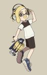  :d black_shorts blonde_hair blue_eyes blue_footwear brown_background clash_blaster_(splatoon) cross-laced_footwear domino_mask fang from_side full_body gomi_(kaiwaresan44) hand_on_headphones headphones holding holding_weapon inkling logo looking_at_viewer looking_back male_focus mask open_mouth pointy_ears shirt shoes short_hair shorts simple_background smile sneakers solo splatoon_(series) splatoon_2 standing t-shirt weapon white_shirt yellow_tongue 