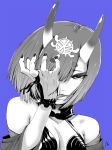  :p bare_shoulders blood blue_background breasts commentary_request deep_wound fate/grand_order fate_(series) greyscale hand_up hane_(azelye) headpiece horns injury licking long_hair looking_at_viewer monochrome off_shoulder short_eyebrows shuten_douji_(fate/grand_order) signature simple_background small_breasts solo thick_eyebrows tongue tongue_out upper_body 