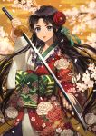  bad_id bad_pixiv_id black_hair blue_eyes cherry_blossoms floral_print flower fusohime glint hair_flower hair_ornament holding holding_sword holding_weapon jewelry katana lipstick long_hair looking_at_viewer makeup necklace orange_sky original outdoors sky standing sword tassel very_long_hair weapon wide_sleeves yuko666 