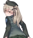  bangs beret black_hat black_jacket black_ribbon black_skirt brown_eyes emblem eyebrows_visible_through_hair from_behind girls_und_panzer hair_ribbon hat highres jacket japanese_tankery_league_(emblem) leaning_forward light_brown_hair long_hair looking_at_viewer looking_back miniskirt onsen_tamago_(hs_egg) parted_lips pleated_skirt ribbon selection_university_(emblem) selection_university_military_uniform shimada_arisu side_ponytail simple_background skirt solo standing upper_body white_background 