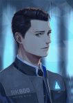  ame_(conronca) android black_neckwear brown_eyes brown_hair commentary connor_(detroit) detroit:_become_human expressionless grey_jacket jacket looking_at_viewer male_focus parted_lips solo upper_body 