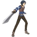  belt black_eyes black_hair blue_shirt boots brown_pants collarbone fingerless_gloves full_body gloves grey_footwear grey_gloves holding holding_sword holding_weapon kirito kirito_(first_avatar) looking_at_viewer male_focus official_art pants shirt simple_background smile solo standing sword sword_art_online sword_art_online:_code_register weapon white_background 