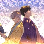  back-to-back book brown_hair cardcaptor_sakura cherry_blossoms closed_eyes closed_mouth from_side glasses half-closed_eyes highres holding holding_book jacket kinomoto_touya leaning_on_person long_coat male_focus multiple_boys petals profile reading shade short_hair tsukishiro_yukito white_hair yellow_coat zid_jido 