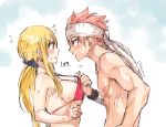  1girl bare_shoulders bikini_pull bikini_top black_scrunchie blonde_hair blush breasts brown_eyes chest covered_nipples embarrassed eye_contact fairy_tail from_side hair_ornament hair_scrunchie headband large_breasts long_hair looking_at_another lucy_heartfilia natsu_dragneel open_mouth pink_hair red_bikini_top rusky scrunchie shirtless sideboob sketch spiked_hair sweat sweatdrop tattoo twintails underboob upper_body 