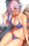  asymmetrical_hair autumn_leaves bangs bikini bikini_in_mouth blue_bikini blue_eyes blush body_mahattaya_ginga breasts cameltoe chair cleavage collarbone commentary_request earrings eyebrows_visible_through_hair fate/grand_order fate_(series) from_above hair_ornament high_ponytail highres jewelry large_breasts long_hair looking_at_viewer looking_up miyamoto_musashi_(fate/grand_order) mouth_hold navel outdoors pink_hair ponytail shiny shiny_skin side-tie_bikini sidelocks sitting smile solo sweat swimsuit 