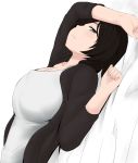  black_hair breasts cleavage grey_eyes highres large_breasts lying nao_(ritsancrossover) on_back original pai-chan_(nao) shirt short_hair unbuttoned unbuttoned_shirt white_shirt 