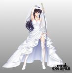  arm_up arm_warmers armpits bangs bare_shoulders black_hair breasts bridal_veil cleavage closed_mouth commentary_request dress eyepatch floral_print full_body gradient gradient_background high_heels highres holding holding_sword holding_weapon katana large_breasts logo long_hair looking_at_viewer official_art ponytail red_eyes shimashima08123 side_slit sidelocks solo standing strapless strapless_dress sword thighhighs tokyo_exe_girls veil weapon wedding_dress white_dress 