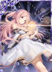  akkijin black_background blue_eyes breasts bubble card_(medium) dress medium_breasts official_art orb orbit orbital_ring pink_hair shinkai_no_valkyrie stone white_dress 