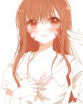  atobesakunolove bangs blush bra breasts cleavage d.va_(overwatch) eyebrows_visible_through_hair facial_mark long_hair looking_at_viewer monochrome off_shoulder orange_(color) overwatch parted_lips short_sleeves solo sweat underwear upper_body white_background 