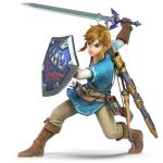  3d absurdres blonde_hair blue_eyes earrings full_body gloves highres holding holding_sword holding_weapon huge_filesize jewelry link male_focus master_sword official_art pointy_ears shield solo super_smash_bros. super_smash_bros._ultimate sword the_legend_of_zelda the_legend_of_zelda:_breath_of_the_wild transparent_background triforce tunic weapon 