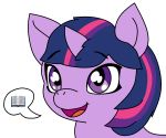  2018 ambiguous_gender book digital_media_(artwork) equine feral friendship_is_magic hair horn horse mammal multicolored_hair my_little_pony open_mouth pony purple_eyes purple_hair simple_background solo speech_bubble twilight_sparkle_(mlp) unicorn white_background 
