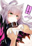  1girl agrius_metamorphosis ahoge animal_ears atalanta_(alter)_(fate) atalanta_(fate) blush breast_grab breasts cat_ears character_name closed_mouth collar embarrassed fate/grand_order fate_(series) frown grabbing green_eyes grey_hair highres long_hair medium_breasts simple_background slit_pupils solo_focus upper_body white_background yamacchi 