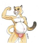  2017 anthro belly big_belly bulge clothing demyxanthony feline flexing looking_at_viewer male male_pregnancy mammal muscular muscular_male navel nipples panther pecs pose pregnant signature simple_background solo traditional_media_(artwork) underwear white_background 