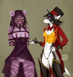  2018 anthro ball_gag blush canine clothing dragonfu dress fangs feline female fox gag green_eyes hat mammal nipple_piercing nipples piercing pussy restrained riding_crop saber-toothed_cat thong whip 