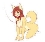  2018 anthro bell breasts brown_hair canine collar corgi dog eyewear female glasses hair kneeling leaning leaning_forward leash long_hair looking_up mammal marblesoda marie nipples open_mouth raised_tail round_rim_glasses signature simple_background solo submissive_female tongue tongue_out white_background 