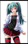  :d aqua_hair bespectacled black_legwear black_shirt blush clenched_hand cowboy_shot glasses grey_nails hatsune_miku highres jacket jewelry letterboxed long_hair long_sleeves looking_at_viewer nail_polish natural_(module) necklace open_clothes open_jacket open_mouth plaid plaid_skirt pleated_skirt project_diva_(series) red-framed_eyewear red_eyes red_legwear red_skirt shirt shirt_under_jacket simple_background skirt smile solo striped striped_legwear thighhighs tsukishiro_saika twintails vocaloid white_background white_jacket 