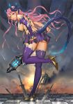  ariverkao ass brown_eyes closed_mouth dated detached_sleeves dragon_horns dragon_tail holding holding_staff horns looking_at_viewer looking_back original pink_hair pointy_ears purple_legwear signature skirt solo staff standing standing_on_one_leg tail thighhighs 