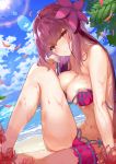  beach bikini blue_sky breasts commentary_request day dutch_angle fate/grand_order fate_(series) flower hair_intakes hibiscus highres large_breasts leg_garter long_hair looking_at_viewer navel nigouu ocean parted_lips petals pink_bikini purple_bikini purple_hair purple_sarong red_eyes sarong scathach_(fate)_(all) scathach_(swimsuit_assassin)_(fate) sky smile solo sun swimsuit wet 