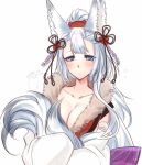  animal_ears blue_hair blush breasts closed_mouth commentary eyeshadow fox_ears fox_tail granblue_fantasy hair_ornament japanese_clothes kimono konshin large_breasts long_hair looking_at_viewer makeup purple_eyes simple_background socie_(granblue_fantasy) solo tail upper_body white_background white_kimono 
