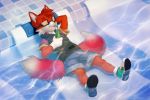  2018 anthro canine clothed clothing day detailed_background digital_media_(artwork) dipstick_tail fan_character footwear fox fur iskra lying male mammal multicolored_tail on_back outside partially_submerged red_fur smile solo sonic_(series) water white_fur young 