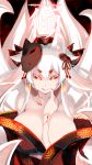  :q animal_ears between_breasts breasts commentary_request eyebrows_visible_through_hair fox_ears fox_mask fox_tail hand_between_breasts hand_up highres huge_breasts japanese_clothes kimono long_hair looking_at_viewer mask mole mole_under_eye multiple_tails off_shoulder original red_eyes shiki_(psychedelic_g2) smile solo tail tattoo thick_eyebrows tongue tongue_out upper_body white_hair 