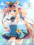  ameto_yuki animal_ear_fluff animal_ears blonde_hair blue_eyes blue_sky blurry blurry_background blush breasts cloud day eyebrows_visible_through_hair fang gloves hair_ornament hair_ribbon hat highres large_breasts long_hair looking_at_viewer ookami-san_(ameto_yuki) open_mouth original ribbon salute sky sleeveless solo summer_uniform tail thighhighs twintails whistle white_gloves wolf_ears wolf_tail 