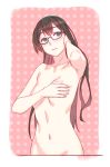  3: black_hair blue_eyes breasts covering covering_breasts glasses hairband highres kantai_collection long_hair navel nude ooyodo_(kantai_collection) pink_background polka_dot polka_dot_background small_breasts solo yuuji_(and) 