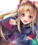  :d animal_ears bangs blonde_hair cape chain commentary_request earrings ereshkigal_(fate/grand_order) eyebrows_visible_through_hair fate/grand_order fate_(series) gold_trim highres hoop_earrings jewelry long_hair looking_at_viewer open_mouth parted_bangs red_eyes red_ribbon ribbon skull_necklace smile solo suisen-21 