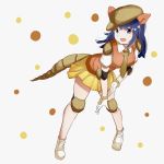  animal_ears armadillo_ears armadillo_tail bent_over black_eyes black_hair collared_shirt commentary_request elbow_pads eyebrows_visible_through_hat full_body giant_armadillo_(kemono_friends) gloves hat highres kemono_friends knee_pads long_hair looking_at_viewer miniskirt necktie open_mouth orange_vest shirt short_sleeves shoulder_pads skirt smile tail tamiku_(shisyamo609) white_background white_gloves yellow_skirt 