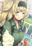  alternate_costume awkward bag bangs blonde_hair blue_eyes blurry blurry_background blush breasts bush casual collarbone collared_shirt commentary_request cup day eyebrows_visible_through_hair flying_sweatdrops food gambier_bay_(kantai_collection) giving green_shirt hair_between_eyes hairband highres holding holding_cup holding_food ice_cream ice_cream_cone kantai_collection large_breasts long_hair looking_at_viewer open_mouth outdoors pov railing shirt short_eyebrows sidelocks signature smile solo strap tsurukawasha twintails 