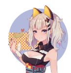  animal_ears black_nails blue_eyes blush breasts cat_ears cleavage closed_mouth d-pad d-pad_hair_ornament eyebrows_visible_through_hair fake_animal_ears food grey_hair hair_ornament hairclip highres kaguya_luna kaguya_luna_(character) large_breasts looking_at_viewer nail_polish short_hair short_twintails shrimp shrimp_tempura smile solo tempura twintails two-hundred-water upper_body virtual_youtuber 