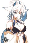  animal_ears blue_eyes breasts bridal_gauntlets choker cleavage commentary_request dated detached_sleeves dragon_tail fox_ears frown heterochromia horns jewelry konshin large_breasts navel necklace orie_hakua pixiv_fantasia pixiv_fantasia_new_world signature solo tail twitter_username white_hair yellow_eyes 