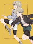  :&gt; aobe_mahito bike_shorts blonde_hair blue_eyes boots brothers jacket looking_at_viewer male_focus multiple_boys original shorts siblings smile twins 