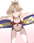  bikini blonde_hair fate/grand_order fate_(series) front-tie_bikini front-tie_top green_eyes highres leaning_forward mordred_(fate)_(all) mordred_(swimsuit_rider)_(fate) one_eye_closed prydwen side-tie_bikini smile surato surfboard swimsuit 