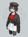  bangs black_hat black_jacket black_legwear blunt_bangs bob_cut bow breasts brown_eyes brown_hair closed_mouth collarbone cropped_legs grey_background hat high_collar highres jacket kirudai long_sleeves looking_at_viewer looking_to_the_side obi open_clothes open_collar open_jacket original pantyhose red_shirt sash shirt short_hair skirt sleeves_past_wrists small_breasts solo thighs white_skirt 