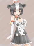  absurdres animal_ears animal_print bare_shoulders bell black_hair bow bowtie collar commentary cow_ears cow_print cowboy_shot elbow_gloves eyebrows_visible_through_hair frilled_skirt frills gloves hair_bow hair_bun highres holstein_friesian_cattle_(kemono_friends) kemono_friends maccha_pudding_(dragonmaster464) multicolored_hair short_hair skirt sleeveless solo white_hair 