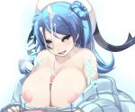  1girl :d bar_censor blue_eyes blue_hair blush breasts censored double_bun ejaculation_between_breasts hat heart heart-shaped_pupils hetero huge_breasts kantai_collection long_hair nipples open_mouth paizuri penis ribbed_sweater shiki_(psychedelic_g2) simple_background smile sweater symbol-shaped_pupils translation_request urakaze_(kantai_collection) white_background white_hat 