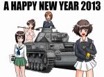  4girls akiyama_yukari bikini brown_eyes brown_hair commentary_request girls_und_panzer glasses ground_vehicle happy_new_year kawashima_momo koyama_yuzu military military_vehicle motor_vehicle multiple_girls new_year nishizumi_miho ooarai_military_uniform ooarai_school_uniform panzerkampfwagen_iv ponytail same_hiroshi short_hair smile swimsuit tank tank_shell white_background 