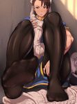  1girl boots brown_eyes brown_hair bun_cover chun-li feet maku_(l-u) pantyhose pov pov_feet shoes_removed soles street_fighter sweat toes 