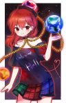  absurdres commentary_request earth_(ornament) hecatia_lapislazuli highres looking_at_viewer moon_(ornament) plaid plaid_skirt polos_crown red_eyes red_hair shirt skirt smile solo soooooook2 t-shirt touhou 