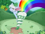  2017 absurd_res bandlebro_(artist) bent_over big_butt blue_skin breasts butt butt_focus clothed clothing clover female footwear fully_clothed green_eyes hair hat hi_res high_heels humanoid league_of_legends legwear looking_back malphite mammal not_furry outside rainbow riot_games seductive shoes short_hair short_stack smile solo_focus standing stockings thick_thighs thigh_highs tongue tongue_out top_hat tristana_(lol) veigar video_games white_hair yellow_eyes yordle 