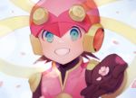  1boy black_gloves blue_eyes blush cherr_blossom flower gloves helmet looking_at_viewer male_focus nakafuji_eiji netnavi portrait rockman rockman_exe rockman_exe_(character) solo 